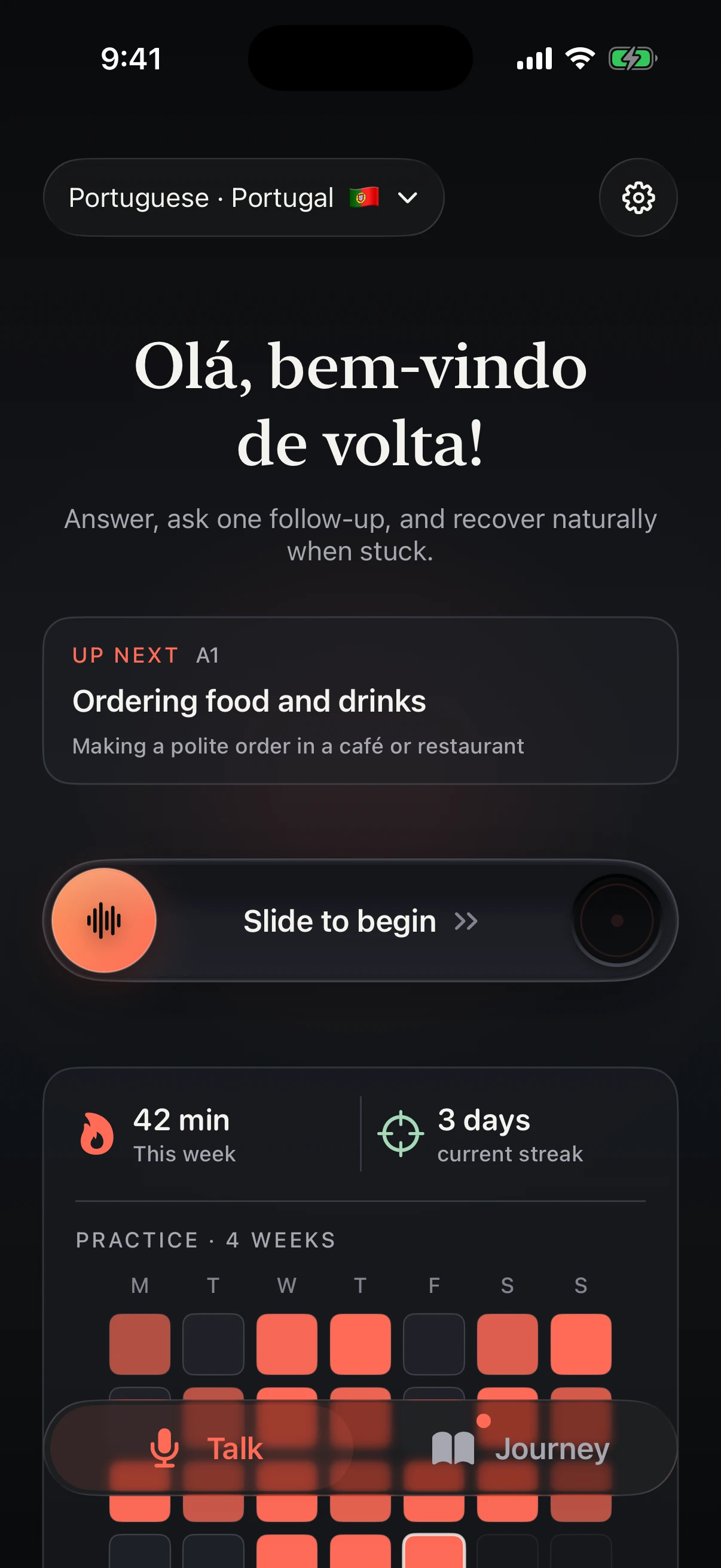 Glottie Talk screen showing a Portuguese conversation, weekly practice, and a current streak